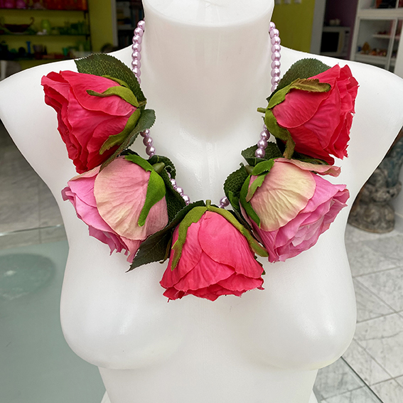 necklace flower silk roses pink doll 72